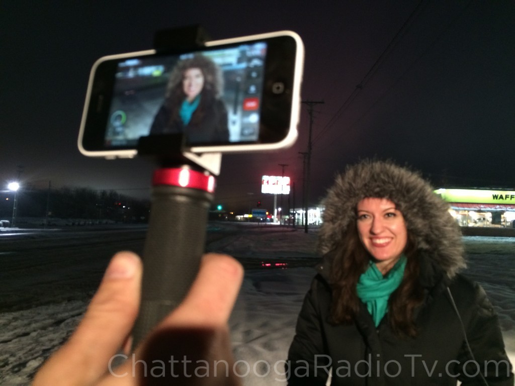 WRCB's Sara Sidery reporting live via iPhone (John Creel photo)