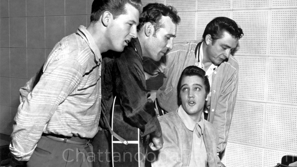 Jerry Lee Lewis, Carl Perkins and Johnny Cash, with Elvis Presley at the piano. Sun Records, Dec. 4, 1956